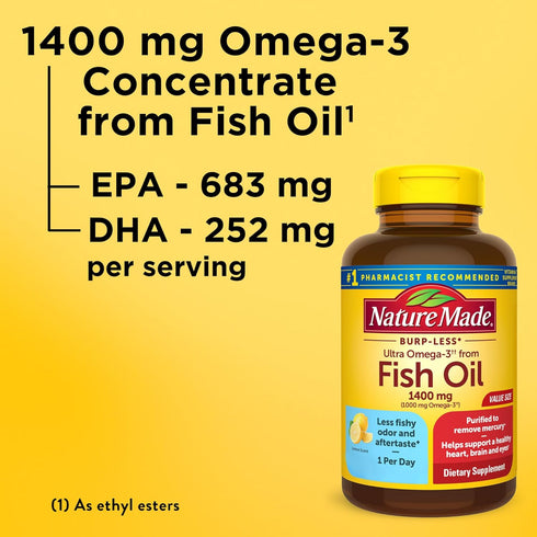 Nature Made Burp Less Ultra Omega 3 Fish Oil Supplements 1400 mg, Omega 3 Supplement for Healthy Heart, Brain and Eyes Support, One Per Day, 90 So...