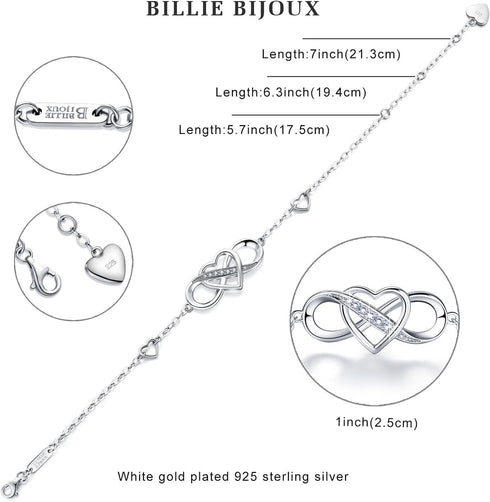 Billie Bijoux Women Bracelets 925 Sterling Silver Infinity Heart White Gold Plated Cubic Zirconia Adjustable Bracelet Best Gifts for Women...