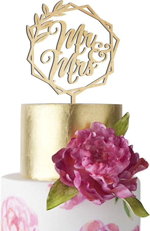 Mr and Mrs Wedding Cake Toppers Bride Groom Cake topper for Wedding Wooden Wreath Rustic Hexagon Funny Decoration Mr&Mrs Sign Gold Silver Brown (U...