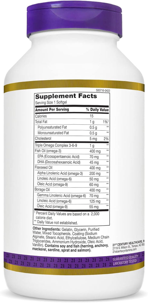 21st Century Triple Omega Complex 3 6 9 Enteric Coated Softgels, 180 Count Bottle (22875)...