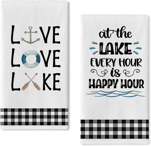 Seliem Live Love Lake House Kitchen Dish Towel Set of 2, Black White Buffalo Plaid Check Anchor Paddle Tea Bar Hand Drying Cloth, Spring Summer Fa...