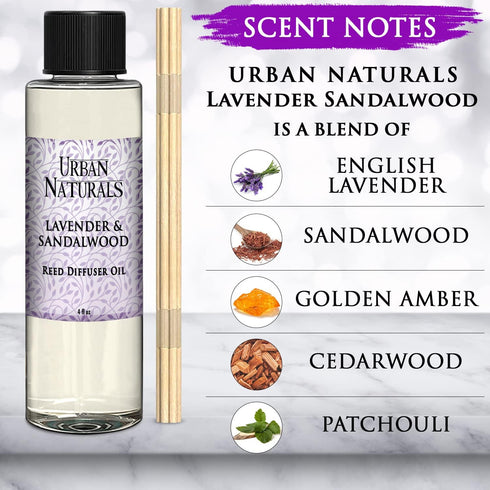 Urban Naturals Lavender & Sandalwood Scented Oil Reed Diffuser Refill | Includes a Free Set of Reed Sticks! 4 oz....