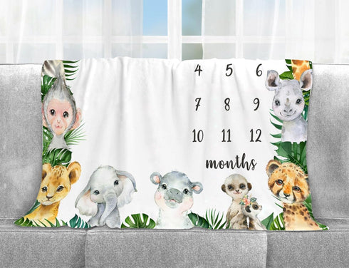 Safari Milestone Blanket, Jungle Animals Baby Growth Chart Monthly Blanket, Watch Me Grow Jungle Wild Baby Nursery for New Moms Baby Shower(50"x40...