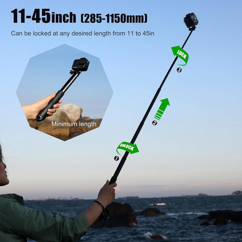 SOONSUN 45'' Aluminum Waterproof Extension Monopod Pole Selfie Stick for GoPro Hero 12 11 10 9 8 7 6 5 4, Max, Mini, Fusion, Session, Insta360 X2 ...