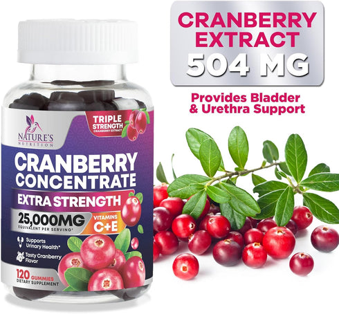 Cranberry Gummies - Urinary Tract Health Gummy + Vitamin C - 25,000mg - Triple Strength Cranberry Concentrate Extract Supplement Pills, Ultimate P...