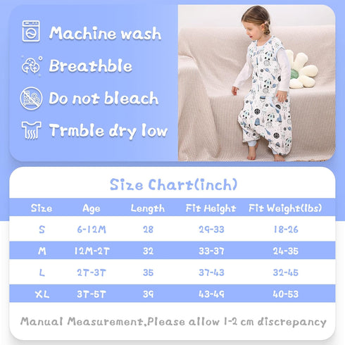 WONDAY Toddler Sleep Sack with Legs,Toddler Sleep Sacks 2t-3t,0.5T Cotton Sleeveless Baby Sleep Bag Wearable Blanket with Feet...