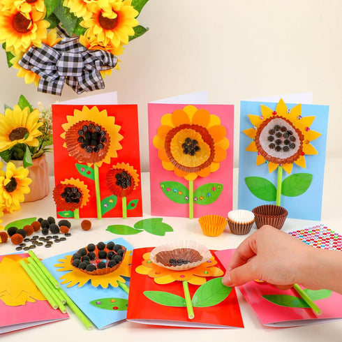 Motipuns 24 Sets Fall Sunflower Card Making Kits for Kids DIY Sunflower Craft Make Your Own Greeting Card Making Kit Flower Craft for Kids Fall Th...