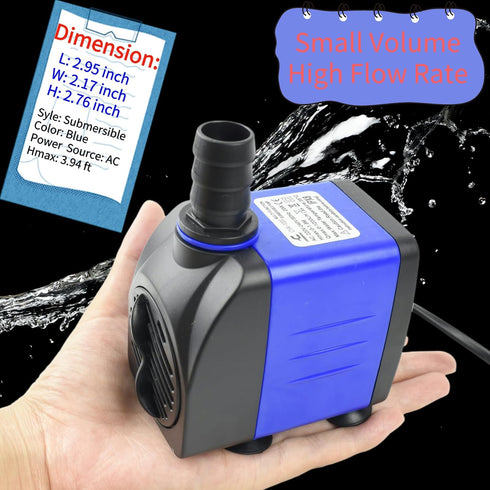 CHA-750 720L/H AC 110V 185GPH Submersible Pump 12W Quiet Water Pump 3.94ft High Head for Fish Tanks, Ponds, Aquariums, Tabletop Fountains, Hydropo...