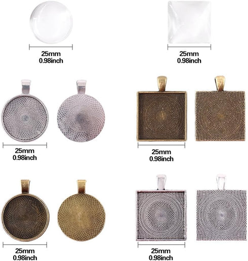 Glarks 48-Pieces Round and Square Pendant Trays with Glass Cabochon Dome Tiles Clear Cameo for Crafting DIY Jewelry Making, 24 Sets...