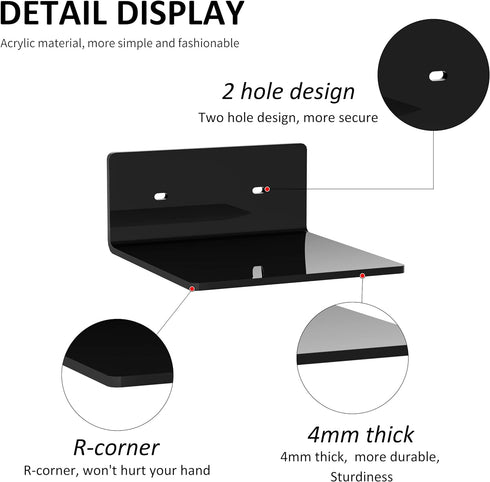 6 Inches Small Black Wall Shelves Set of 2, Wall Mounted Display Shelf Rack for Bedroom, Living Room, Smart Speaker, Clock, Decoration, 2 Pack...