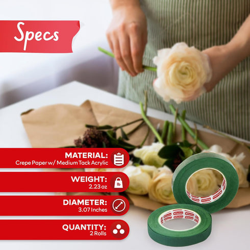 XFasten Wide Floral Tapes for Bouquet 1/2-Inch x 30 Yards - Dark Green (2-Pack) Bouquet Stem Wrap Tape for Florist – Waterproof Boutineer Tape for...