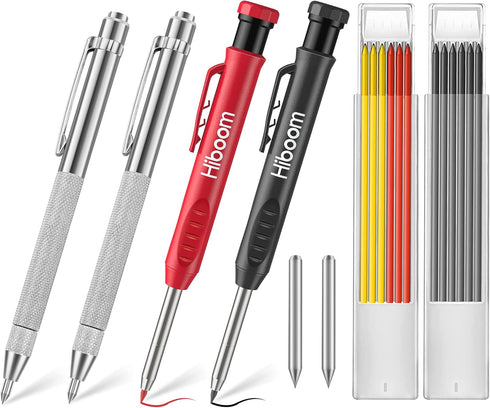 Hiboom 2 Pack Carpenters Pencil with 12 Refills and 2 Pack Tungsten Carbide Scriber with Extra 12 Replacement Marking Tip, Carpenter Woodworking A...