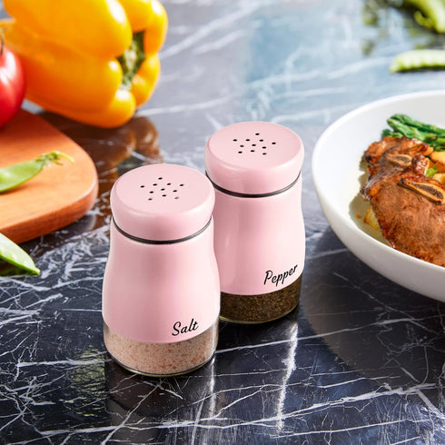 Pink Salt and Pepper Shakers Set, Bivvclaz 5 oz Stainless Steel Salt and Pepper Dispenser with Glass Bottom, Cute Salt and Pepper Shakers for Pink...