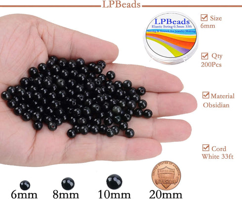 LPBeads 200Pcs Polished 6mm Round Natural Black Obsidian Gemstone Loose Beads with Stretch Cord for Jewelry Making Bracelets...