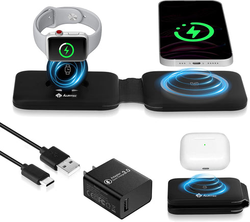 AURTEC Foldable Magnetic Wireless Charging Station, 15W Fast Charging, 3-in-1 Wireless Charger with QC3.0 Adapter, Compatible with iPhone 14/13/12...