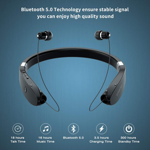 AMORNO Foldable Bluetooth Headphones Wireless Neckband Headset with Retractable Earbuds, Sports Sweatproof Noise Cancelling Stereo Earphones with ...