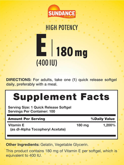 Vitamin E 180mg (400 IU) | 100 Quick Release Softgels | High Potency Formula | Non-GMO and Gluten Free Supplement | by Sundance...
