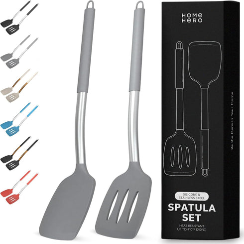 Home Hero Silicone Spatula Set with Ergonomic Handles - Stainless Steel High Heat Resistant Solid & Slotted Turner, BPA Free Non Stick Kitchen Ute...