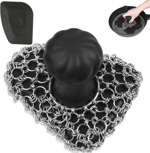 Cast Iron Scrubber with Handle | Dish Metal Scrubber | 316 Cast Iron Cleaner Chainmail Scrubber for Cast Iron Pan Skillet- Iron Scrub Brush Steel ...