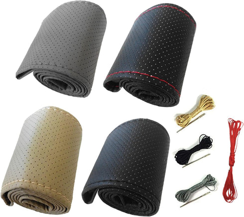 Leather Steering Wheel Cover, 15 inch Car Steering Wheel Stitch On Wrap with DIY Sewing Needles Thread, M Size (Black), HEADERBS56S7PERQZW-11...