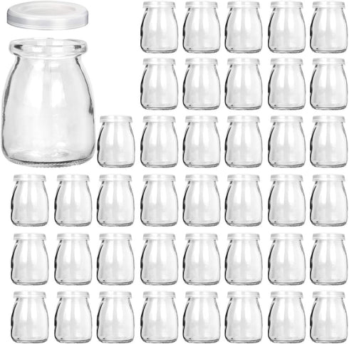 KAMOTA Glass Yogurt/Pudding Jars With PE Lids, Ideal for Jam, Honey, Wedding Favors, Shower Favors 40 PACK 4 oz Clear, (150ml)...