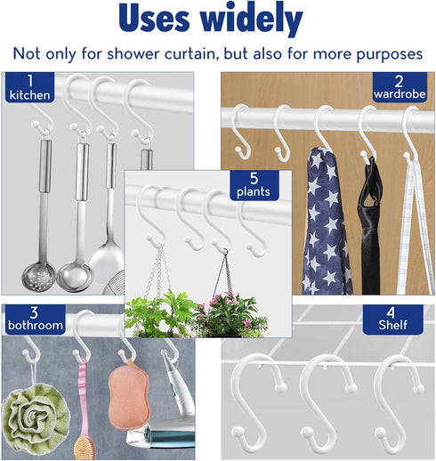 Metal Shower Curtain Hooks?Set of 12 Rings?Rust Resistant S Shaped Hooks Hangers for Shower Curtains, Kitchen Utensils, Clothing, Towels, etc. (Wh...