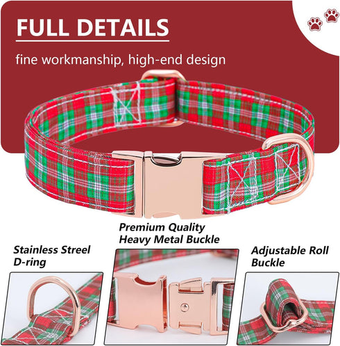 Dog Collar with Bow, Red Plaid Dog Collar Soft Durable Adjustable Cotton Red Green Tartan Puppy Collar for Small Medium Large Dog...