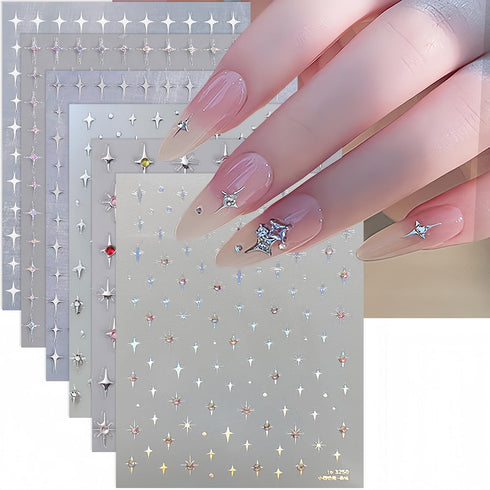 Shiny Crystal Star Nail Stickers for Nail Art, 6 Sheets Shiny White Silver Stars Nail Decals 3D Self-Adhesive Star Nail Designs Sticker Nail Tips ...