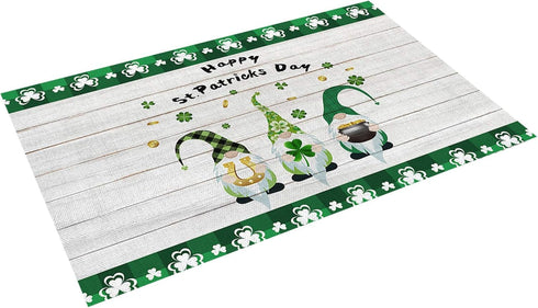 St. Patrick's Day Placemats Set of 6, Funny Irish Gnome Elf Hold Horseshoe Heat Resistant Placemat Waterproof Table Mats, Farm Wood Board Texture ...