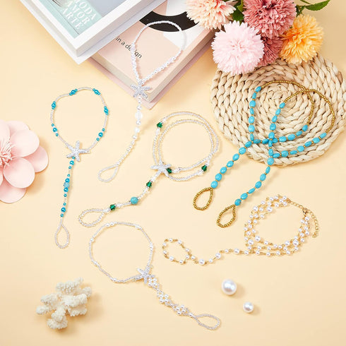 Hicarer 12 Pieces Feet Jewelry Barefoot Sandals Toe Rings Foot Chains Starfish Faux Pearls Elastic Beaded Turquoise Anklet Chains Jewelry with Rhi...