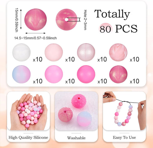 80Pcs 15mm Colorful Round Silicone Beads Pink Series Silicone Focal Beads Keychain Lanyards Beaded Pen Spacer Beads 8 Colors for DIY Jewelry Craft...