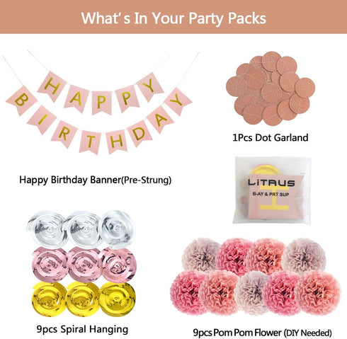 Rose Gold Birthday Decorations Kit - 20-Pc Set with Pre-Strung Happy Birthday Banner, Tissue Paper, Garland & Swirls | Rose Gold Party Supplies fo...