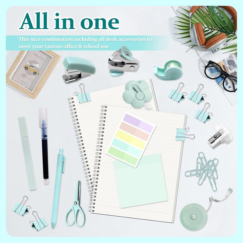 Mini Office Supply Kit, Teal Mini Stapler with Staples and Tape Dispenser Set, Mini Stationary Kit Includes Sticky Notes Index Tabs Highlighters G...