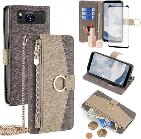 Asuwish Phone Case for Samsung Galaxy S8 Wallet Cover with Screen Protector and Mirror PU Leather Flip Cover Ring Credit Card Holder Crossbody Str...