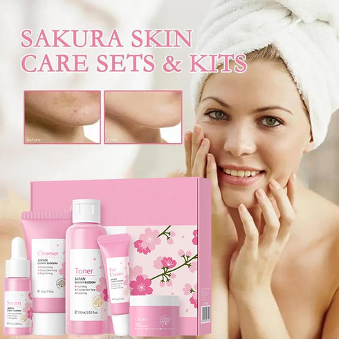 Korean Skin Care Set - Sakura Skin Care Sets & Kits - Women Gift Sets with Cleanser-Toner-Serum-Face Cream-Eye Cream - Skin Care Routine Kit for W...