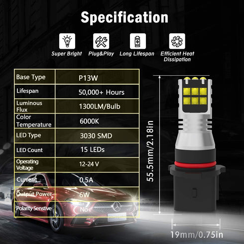 P13W LED Fog Light Bulbs 6000K Xenon White, Extremely Bright 3030 Chips P13W 12277 SH23W LED Bulbs with Projector for Car Fog Light, Daytime Runni...