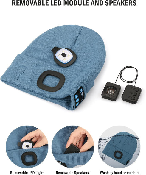 Bluetooth Beanie with Light, Unisex USB Rechargeable LED Headlamp Hat with Headphones, Built-in Speakers & Mic Winter Knitted Night Lighted Music ...