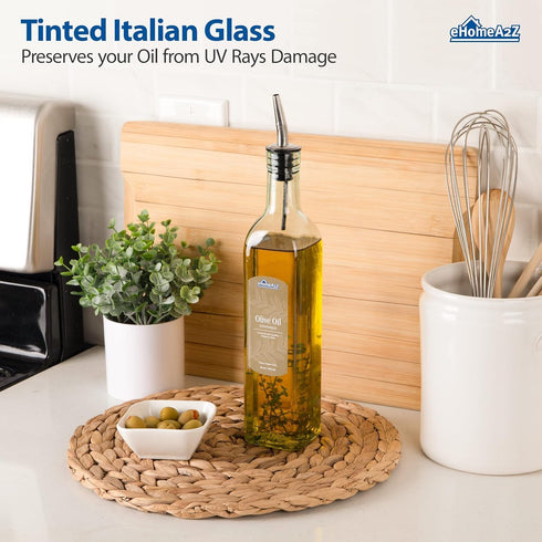 EHOMEA2Z Italian Glass Olive Oil Dispenser Bottle - 16 Oz, Oil and Vinegar Cruet with Stainless Steel Spout for Kitchen, Slight Green Tint (1, 473...