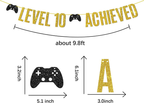 Level 10 Achieved Banner, Double Digits, Game on Level 10 Hanging Sign, Glittery Video Gamer Happy 10th Birthday Party Decorations...