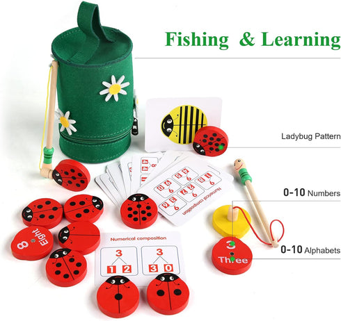 WODI Wooden Counting Ladybugs 0-10 Alphabets & Numbers Sorting Montessori Educational Toys for Toddlers Girls&Boys 3+ Learning to Count Cards Matc...
