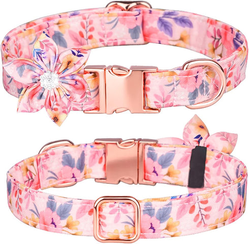 Dog Collar, Girl Dog Collar Puppy Collar Floral Pattern Dog Collar Cute Dog Collar with Detachable Rhinestone Flower for Female Dogs Small Medium ...