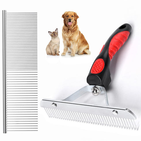 Grooming Rake Undercoat Brush for Dogs Long Hair, Tooth Stainless Steel Dog Comb, Deshedding Tool Set Husky Long-haired Cats, 2 Piece...