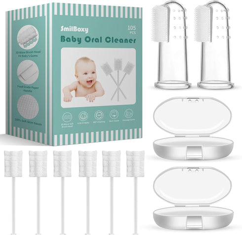 Infant Tongue Cleaner Skim Gauze 105PCS + 2 Finger Cot Baby Toothbrush with Box, Baby Oral Cleaner Newborn Disposable Tongue Cleaner, Care 0-36 Mo...