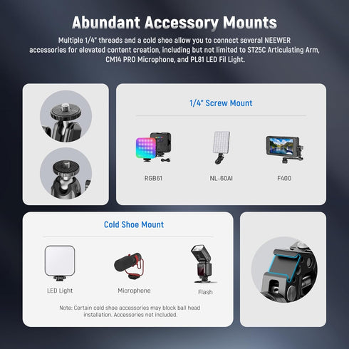 NEEWER Super Clamp with 3" Dual Ballhead Magic Arm, Ball Head Adapter, Cold Shoe, Phone Holder, Action Camera Clamp Mount for Flat/Round Surface C...