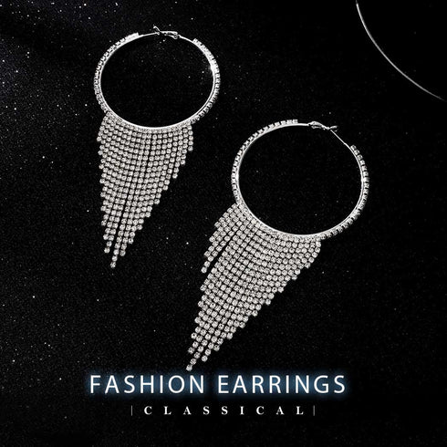 Jeairts Rhinestone Earrings Silver Long Chandelier Dangle Chain Big Cricle Tassel Drop Earrings Sparkly Bridal Prom Jewelry for Women and Girls...