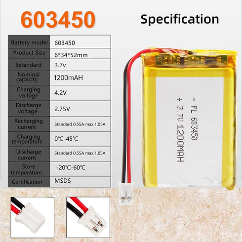 3.7V 1200mAh Battery 603450 Lithium Polymer Ion Rechargeable Li-ion Li-Po Battery with 2P PH 2.0mm Pitch Connector...