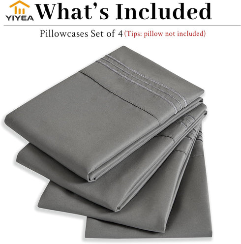 YIYEA King Pillow Cases Set of 4, Ultra Soft 1800TC Hotel Quality Double Brushed Microfiber Embroidered Pillowcases, Envelope Closure, Fade Resist...