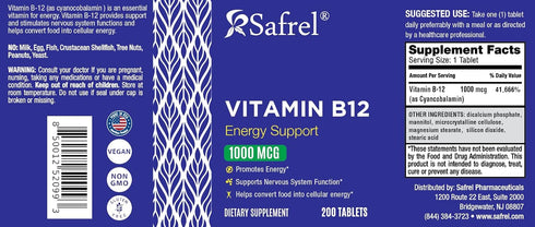 Safrel Vitamin B12, Supports Energy Metabolism, Tablets, 1000mcg, 200 Ct, Provides Energy, Metabolism and Nervous System Health Support | Vegan, G...