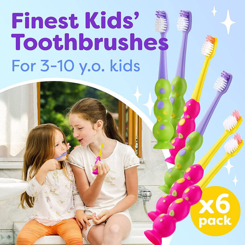Kids Toothbrush 6 Pack - Soft Contoured Bristles - Child Sized Brush Heads (3-10 Year Old) - Suction Cup for Fun & Easy Storage - Girl & Boy Set (...