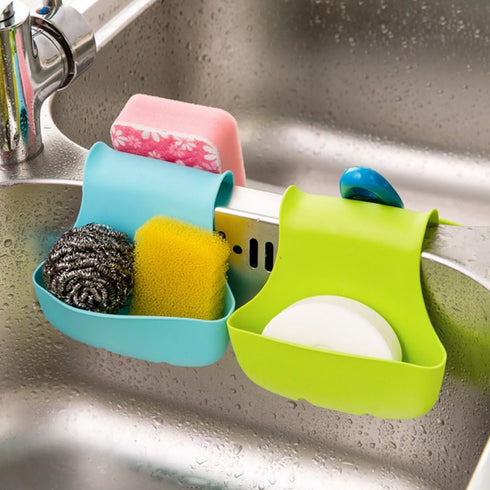 2 Pack Sponge Holder for Double-Sink, FineGood Saddle Caddy Brush Soap Organizer Storage Kitchen Bathroom Plastic Basket - Blue, Green...